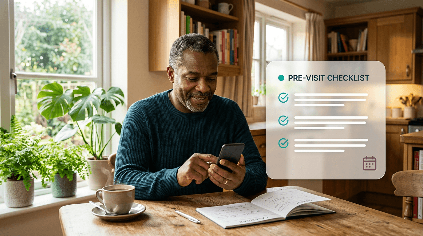 Patient at home reviewing a pre-visit checklist on their phone with prep instructions and intake forms