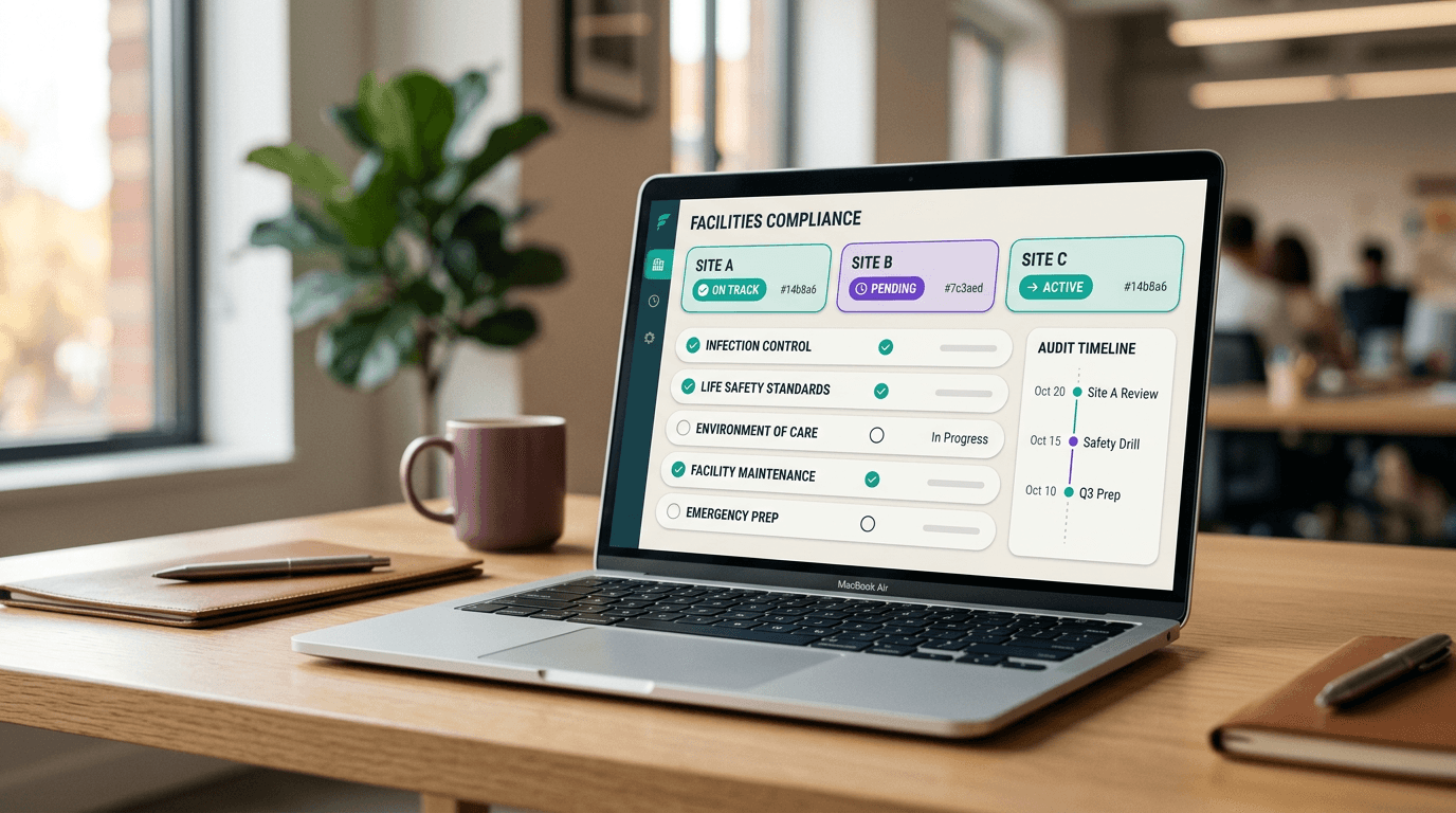 Laptop showing a multi-facility compliance dashboard with site status tiles and an audit timeline
