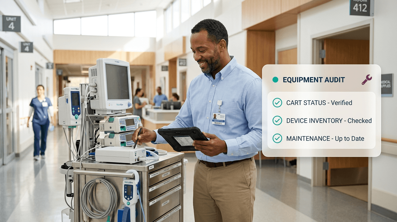 Facilities technician inspecting a medical equipment cart with an equipment audit card floating beside him