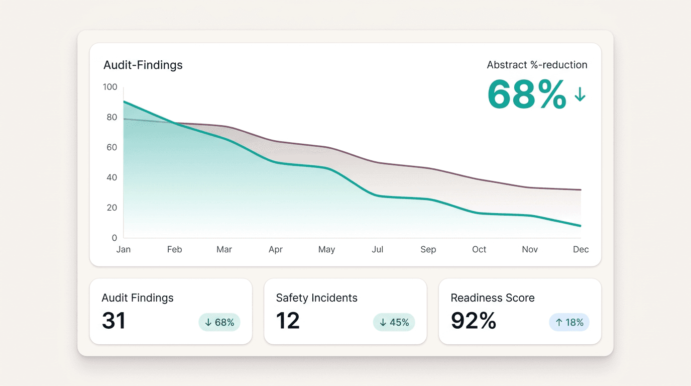 Analytics chart showing audit findings and safety incidents falling while readiness scores climb