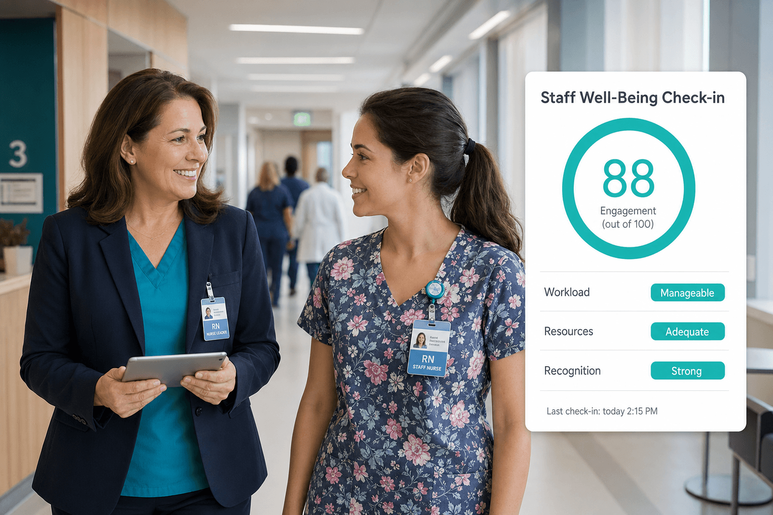 Nurse leader and staff nurse in a warm one-on-one check-in with a Staff Well-Being Check-in card showing an 88 engagement score and Manageable, Adequate, and Strong status pills for workload, resources, and recognition